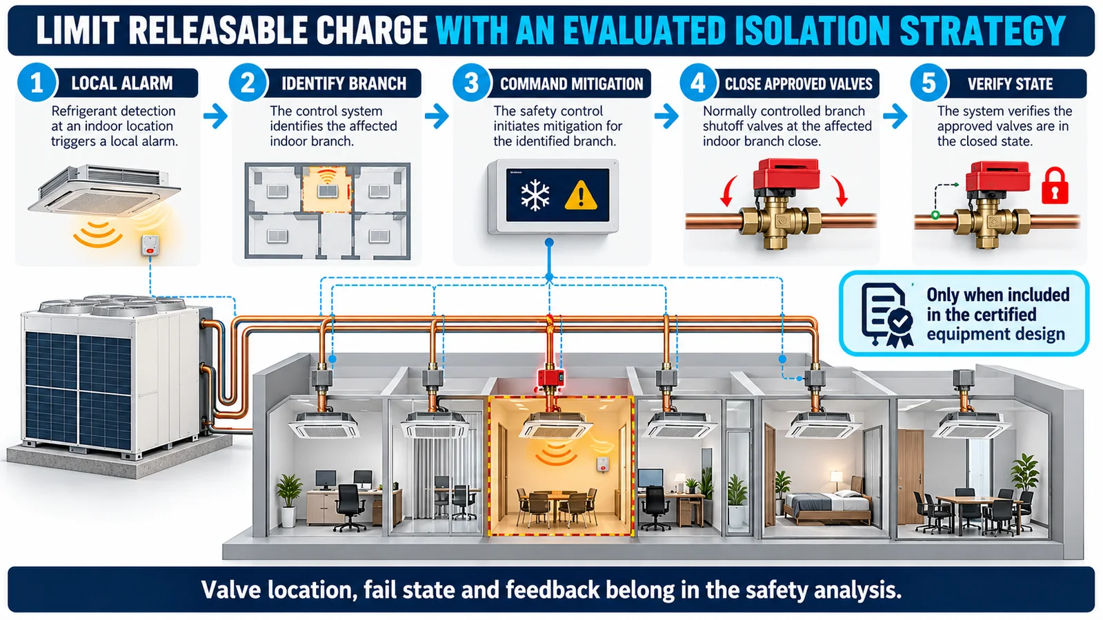 Multi-zone refrigerant circuit showing local alarm evaluated valves feedback and residual refrigerant paths