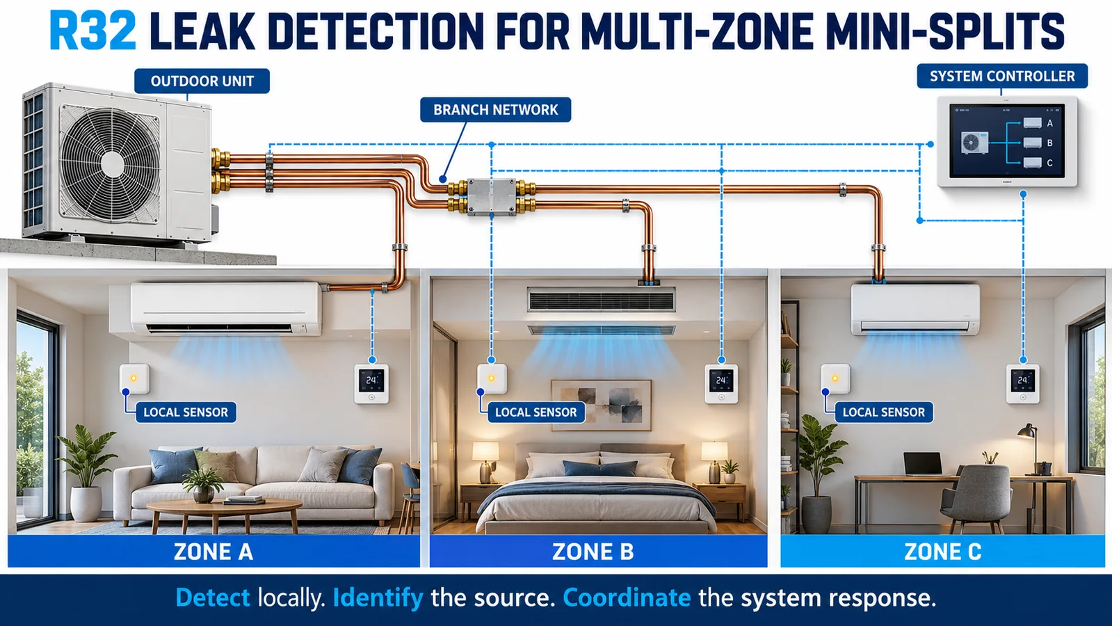 Multi-zone R32 mini-split architecture with local indoor-unit sensors zone identity controller and outdoor unit