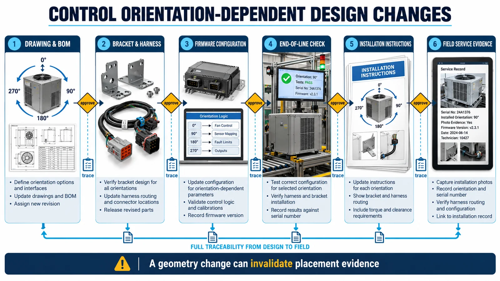 Engineering change-control workflow from drawing and BOM through field service evidence