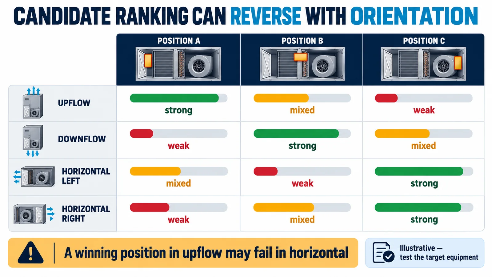 Illustrative qualitative matrix comparing three sensor positions across four HVAC equipment orientations