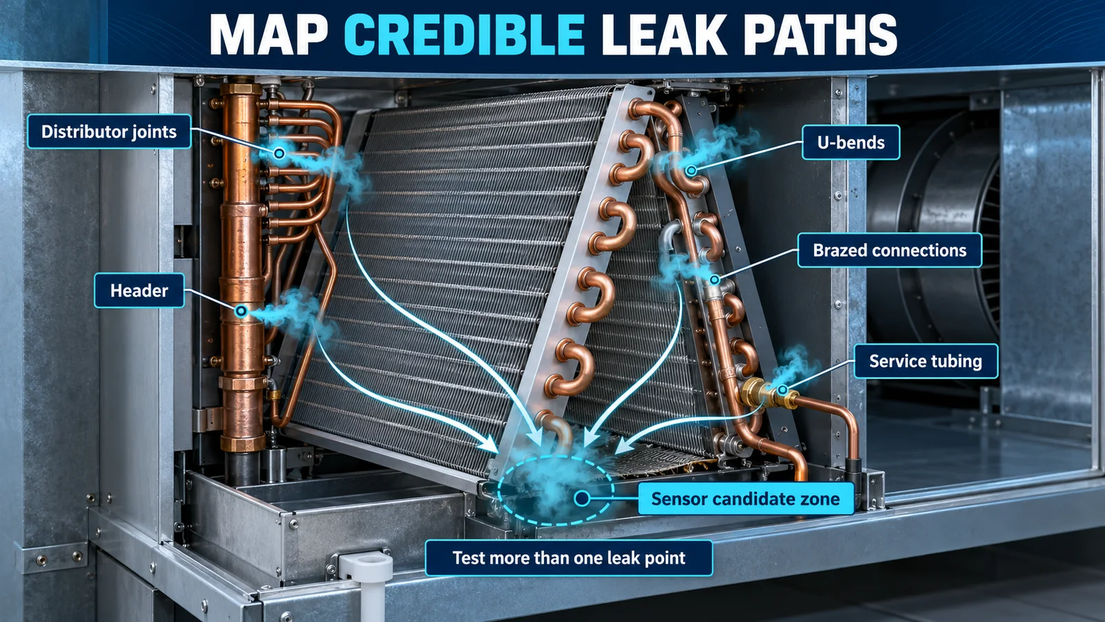 Air-handler coil and tubing diagram marking credible R32 refrigerant leak paths