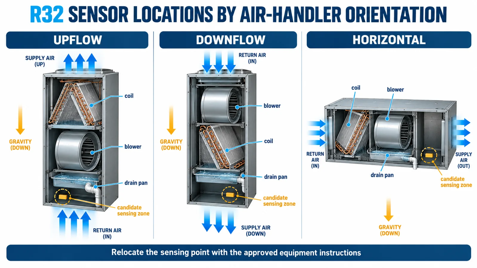 Upflow downflow and horizontal air handlers with orientation-specific R32 sensor candidate zones