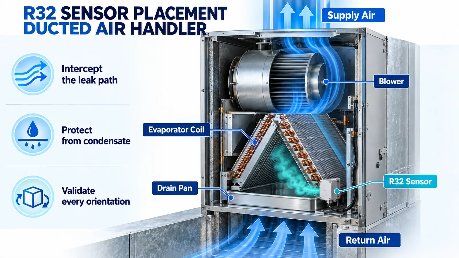 Cutaway ducted air handler showing an R32 sensor near the coil and drain pan