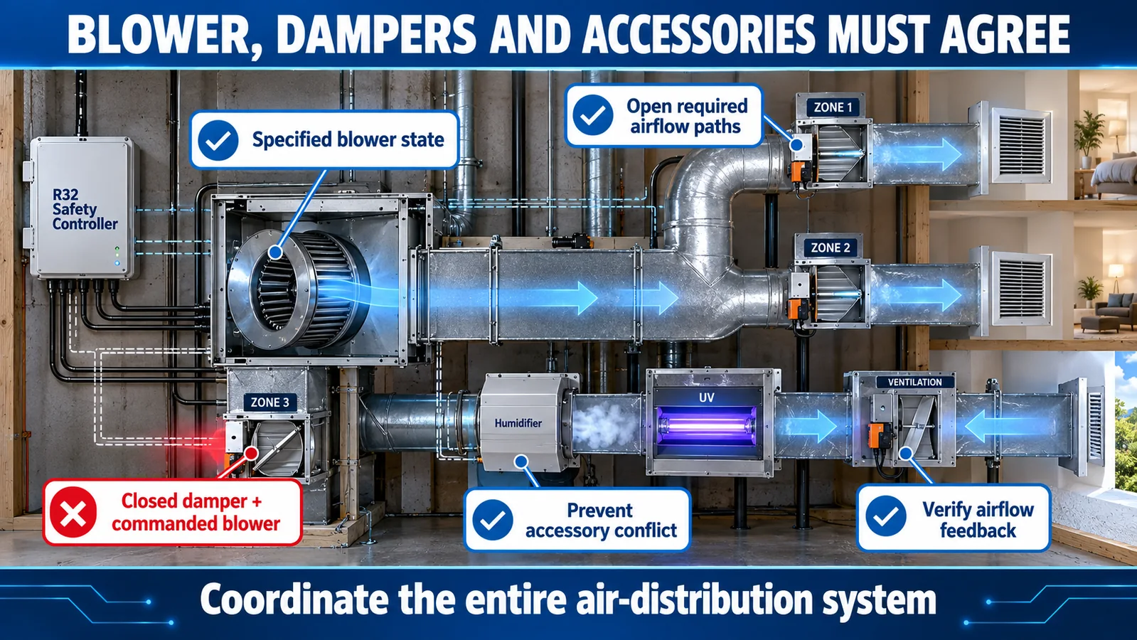 R32 alarm logic coordinating indoor blower zone dampers bypass accessories and airflow feedback