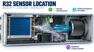 Air-handler cutaway showing density airflow and enclosure geometry effects on R32 sensor location
