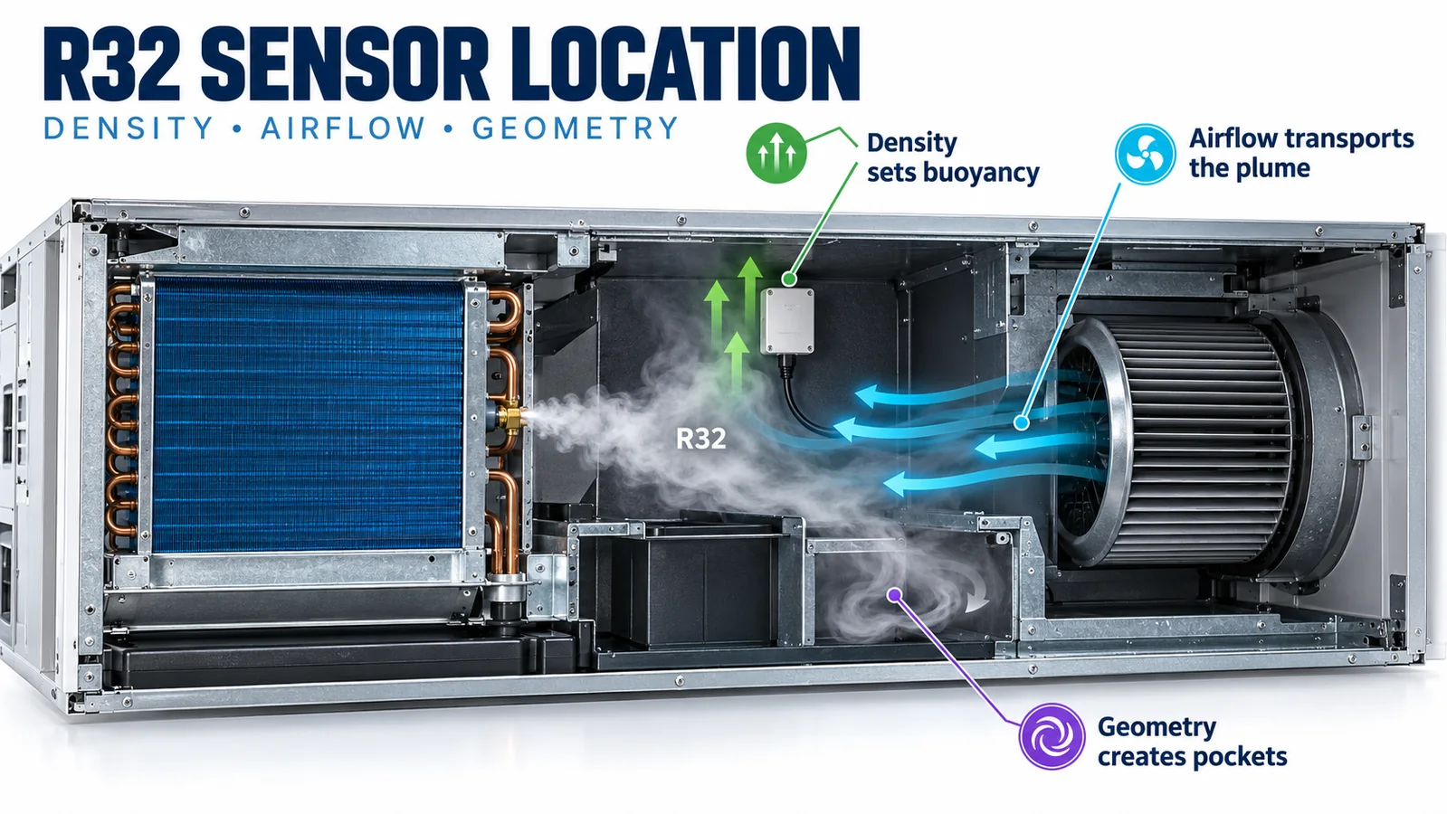 Air-handler cutaway showing density airflow and enclosure geometry effects on R32 sensor location