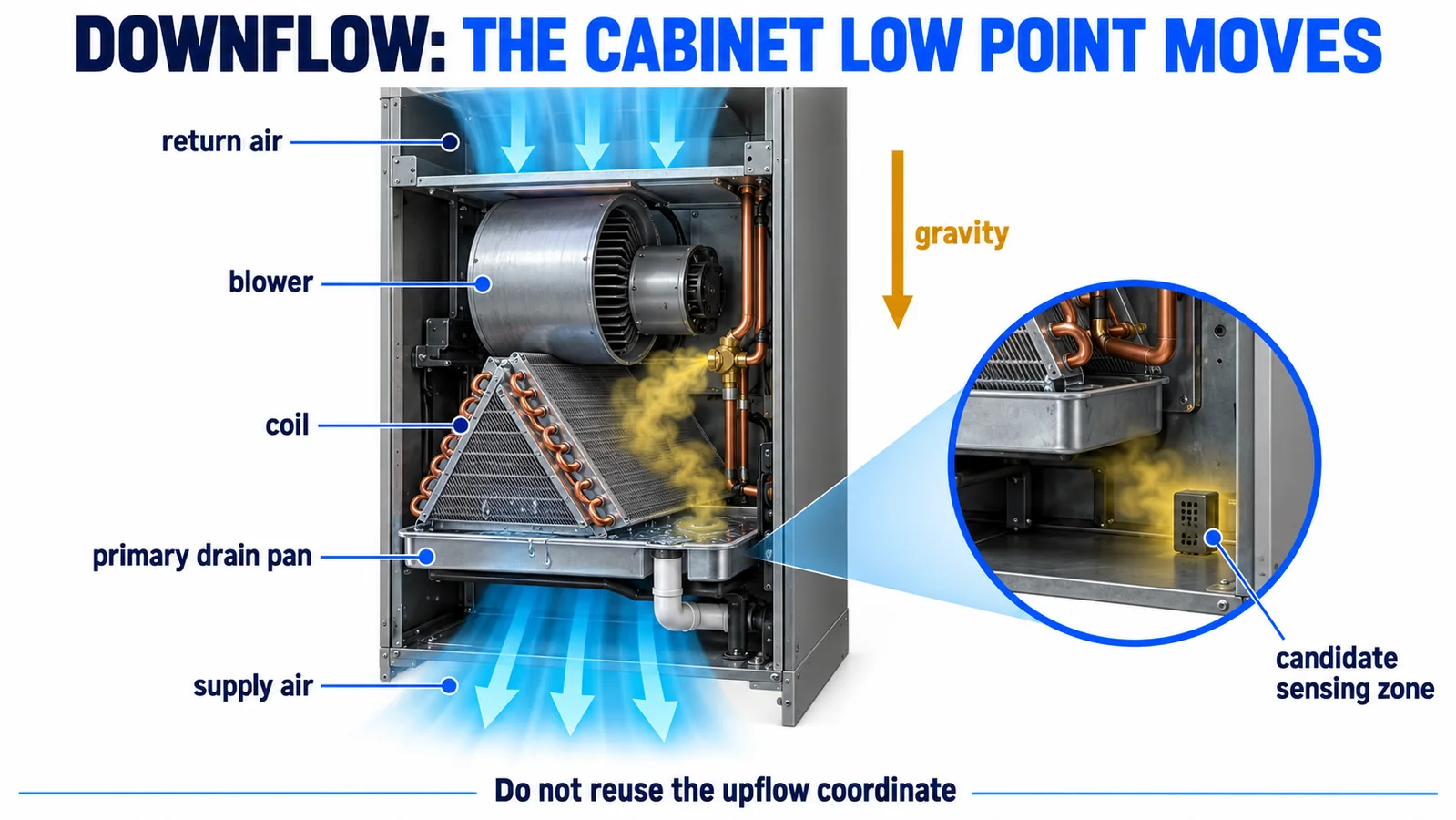 Downflow air handler cutaway showing the changed physical low region and R32 sensor candidate zone