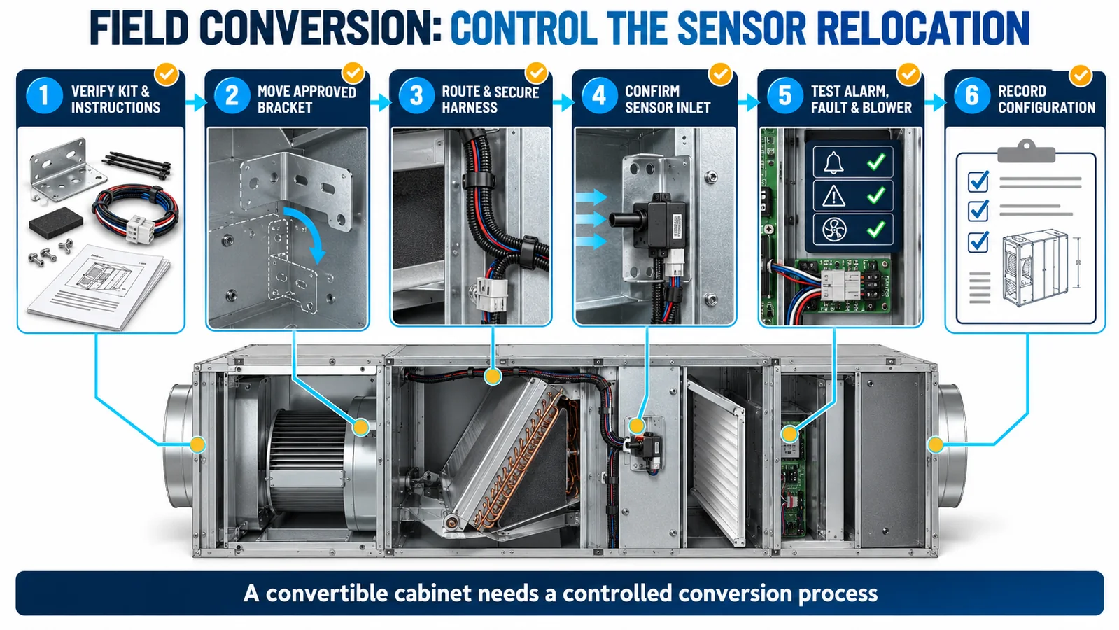 Six-step field conversion workflow for an orientation-specific R32 sensor bracket and harness