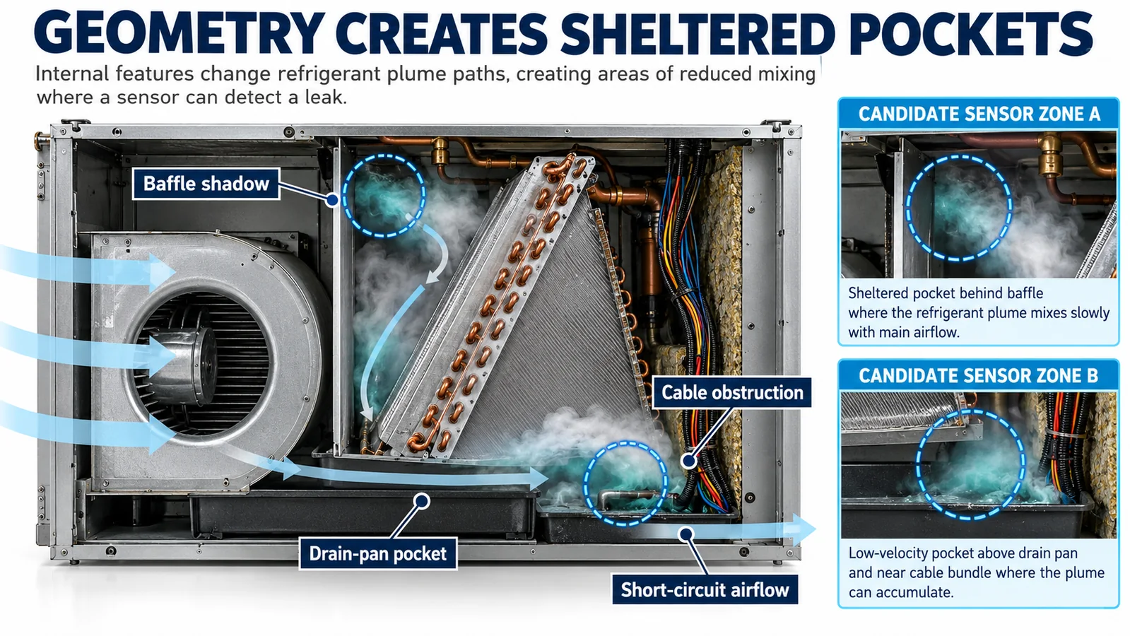 Air-handler baffle drain pan cable bundle and airflow creating sheltered refrigerant pockets
