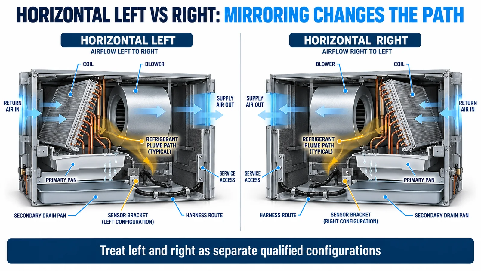 Horizontal-left and horizontal-right air handlers with mirrored sensor bracket and harness routes