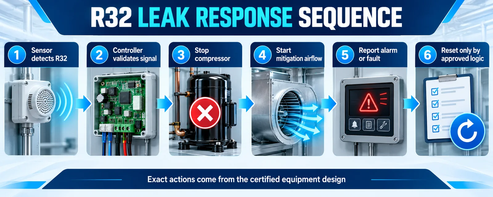 Six-step sequence from R32 release through detection controller decision and mitigation