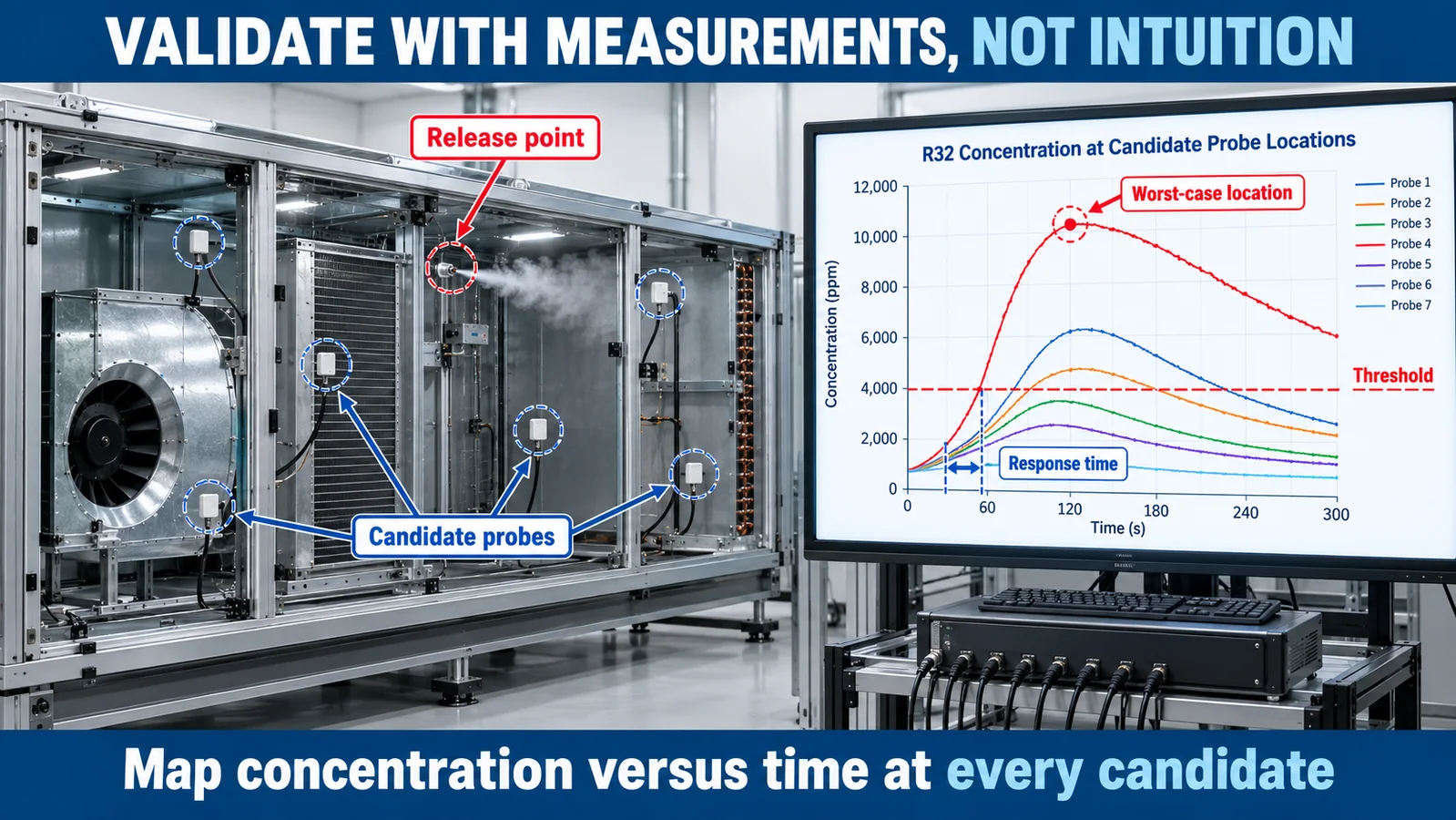 Instrumented air handler with candidate probes and refrigerant concentration response curves