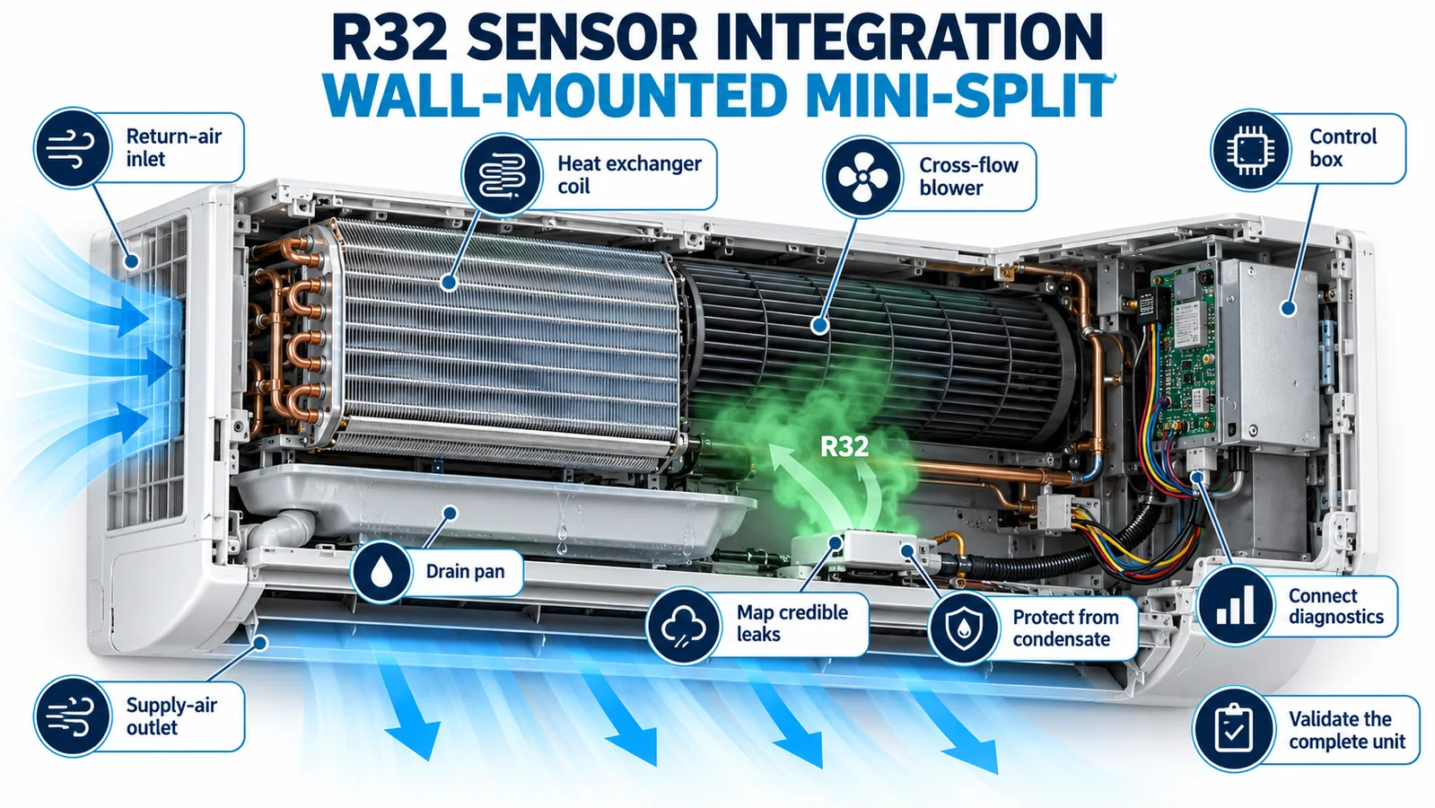 Wall-mounted mini-split cutaway showing R32 sensor integration around the coil blower drain pan and control box
