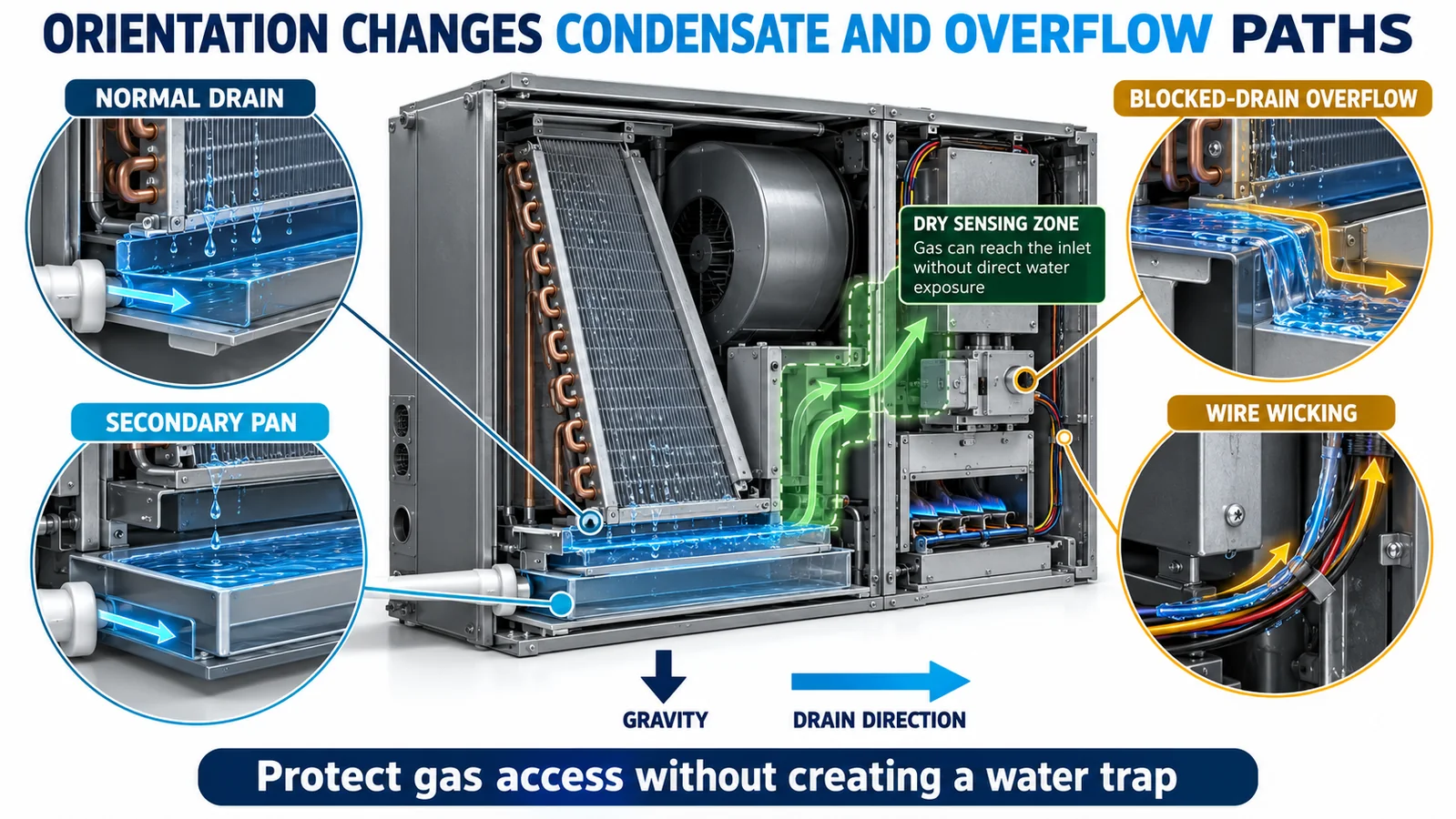 Air handler cutaway showing normal drain secondary pan blocked-drain overflow wire wicking and a dry sensing zone
