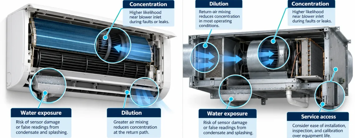 Mini-split and air-handler comparison of R32 sensor zones near the drain pan blower and return air