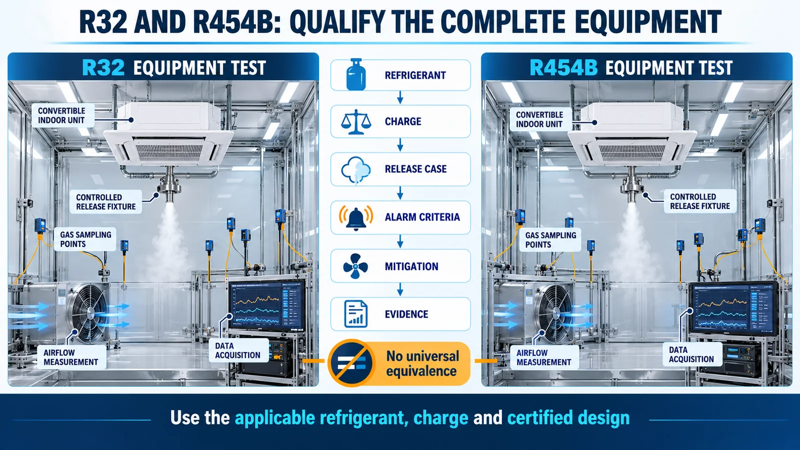 Separate R32 and R454B HVAC equipment test bays with controlled release sampling airflow and data acquisition