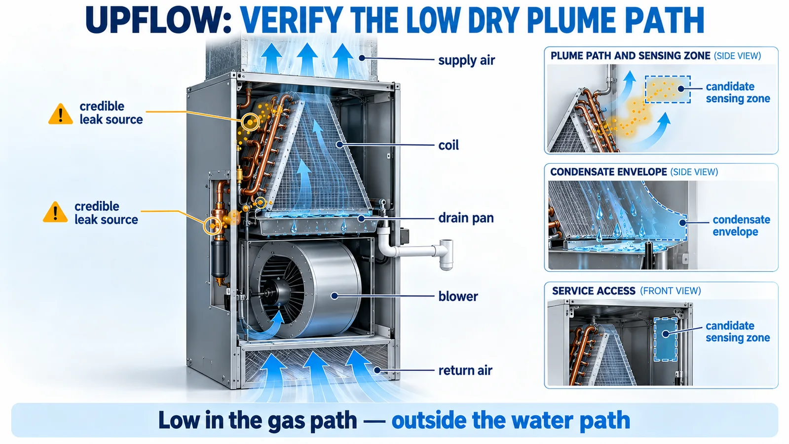 Upflow air handler cutaway showing coil blower drain pan leak sources and a dry R32 sensing zone