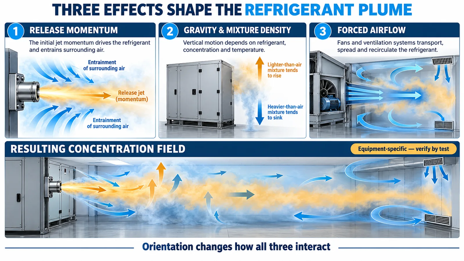 Engineering infographic showing release momentum mixture density gravity and forced airflow effects
