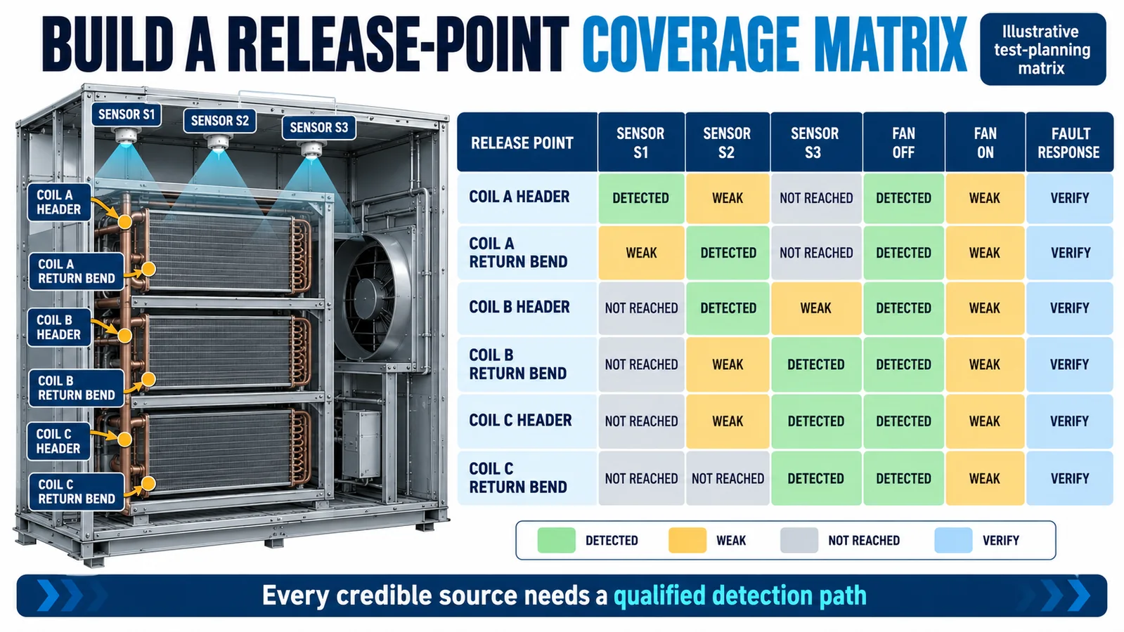 Illustrative matrix mapping multi-coil release points to sensors fan states and verification status